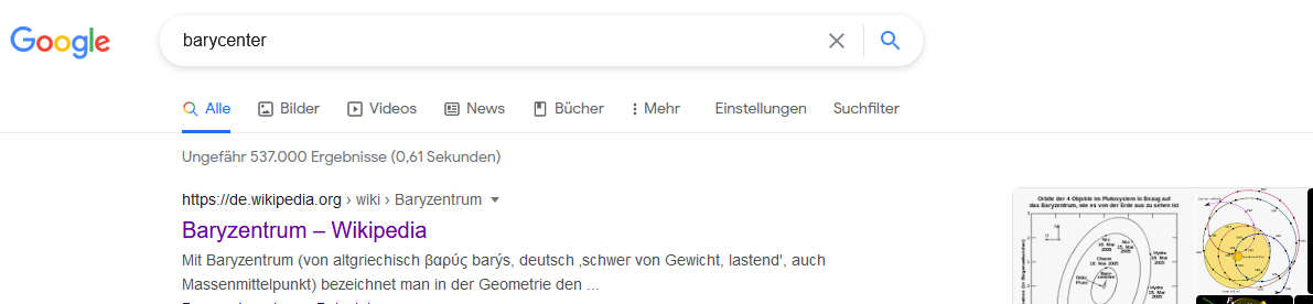 Das Baryzenter unseres Sonnensystems in Google, wie es laut englischer Wikipedia um die Sonne rotiert