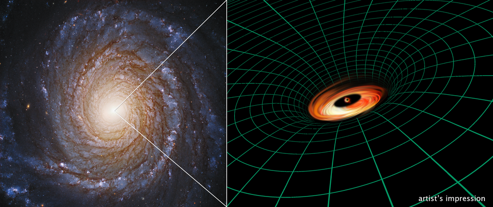 A Hubble Space Telescope image of the spiral galaxy NGC 3147 appears next to an artist's illustration of the supermassive black hole residing at the galaxy’s core